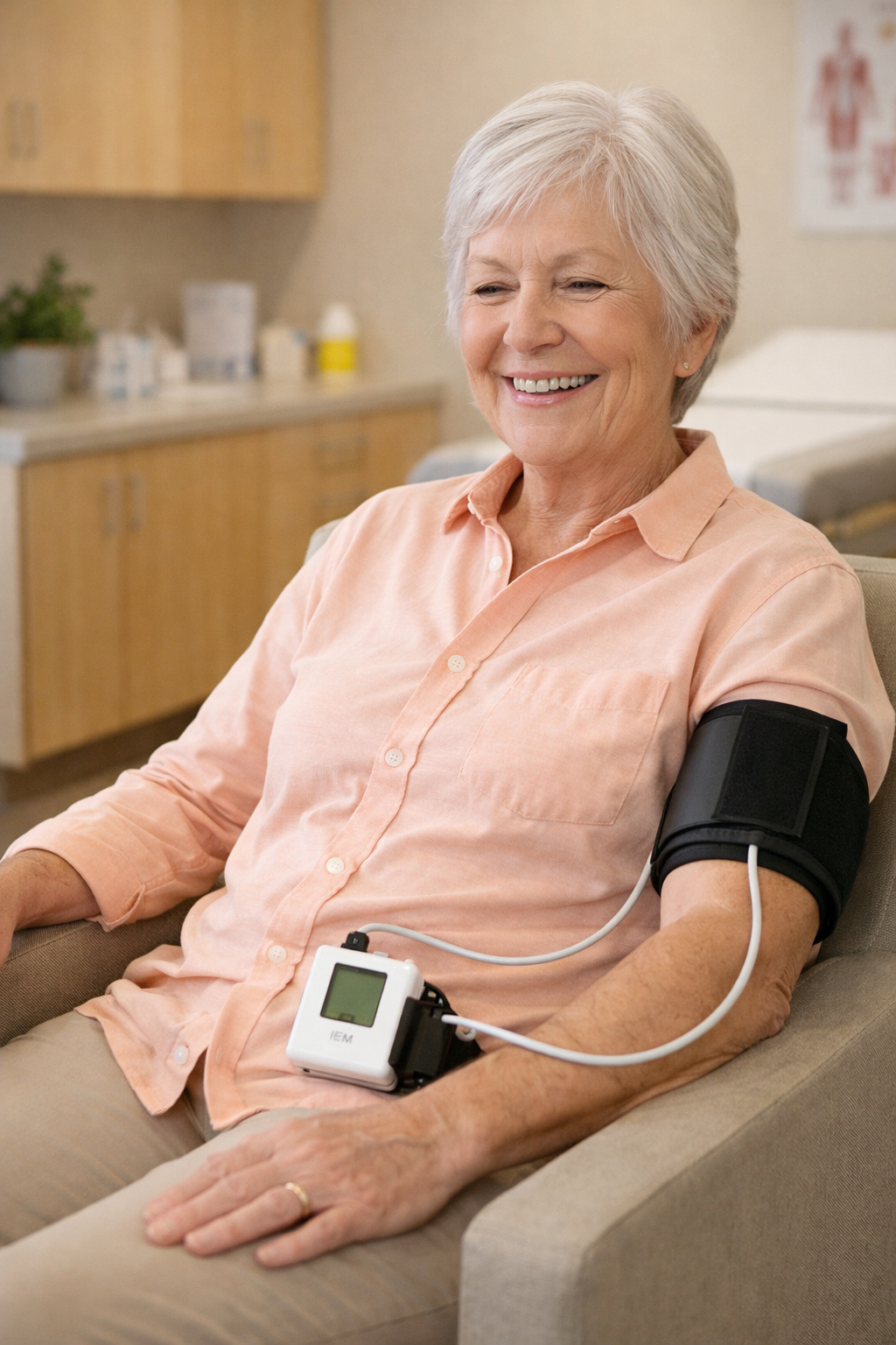 Patient wearing a 24-hour ambulatory blood pressure monitor