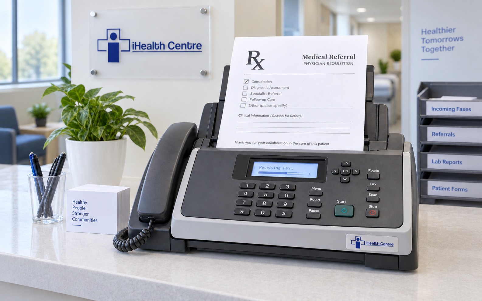 A fax machine receiving an Rx medical referral at iHealth Centre