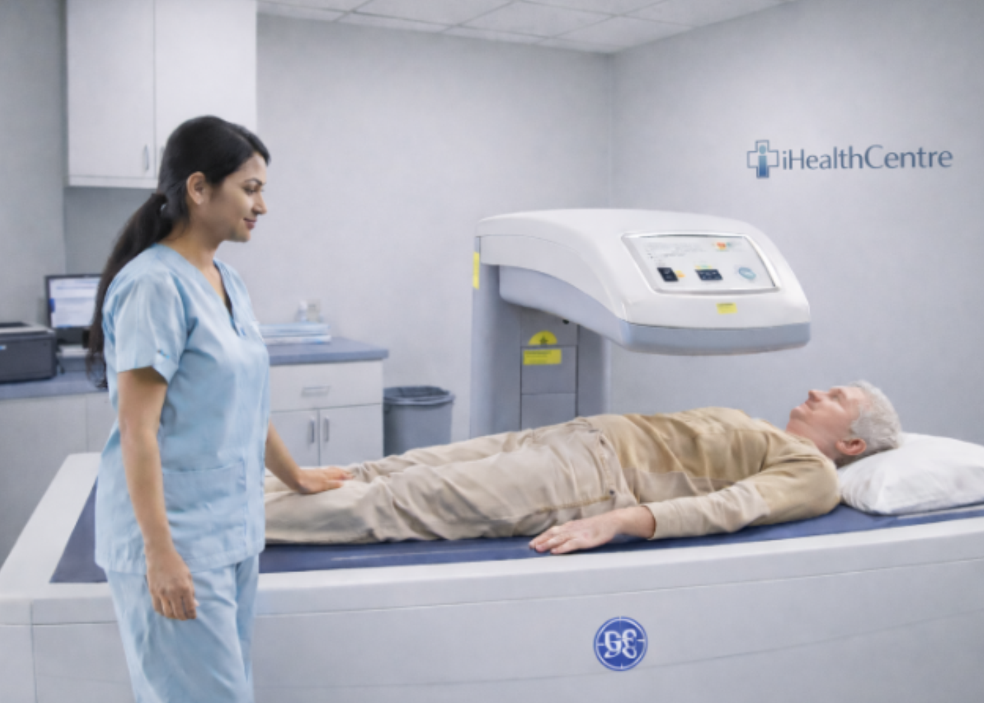 Bone mineral density scanning equipment in a modern diagnostic imaging room