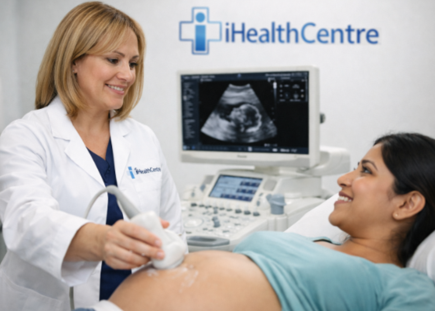 Ultrasound examination in a modern diagnostic imaging room