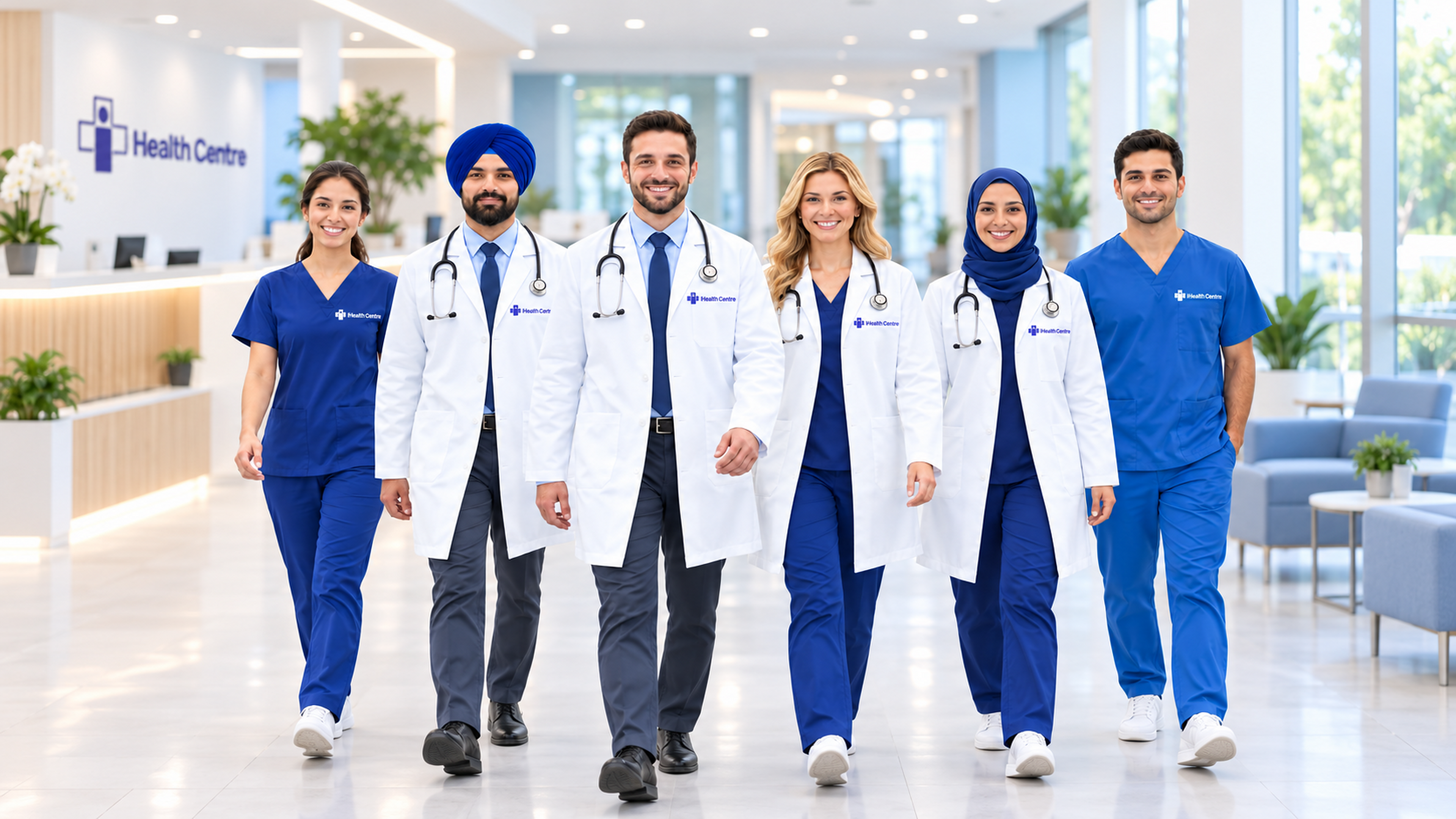 The diverse iHealth Centre medical team in a modern clinic